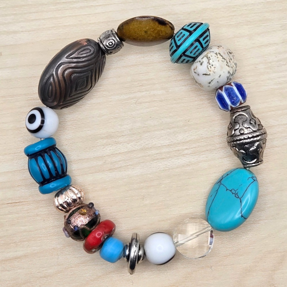 Boho Beaded Stretch Bracelet Glass Metal Ceramic Gemstone‎ Mixed Media